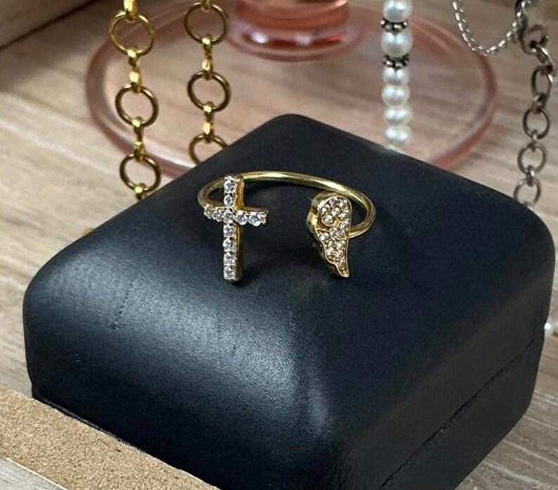 14K Clad 925 Diamonique Cuff Ring Cross & Angel Wing Italy Designer Jacmel JCM image 2