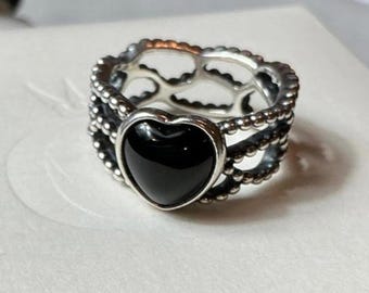 Bague en argent sterling 925 Mi Amor avec coeur en onyx noir ALE taille grand. 8