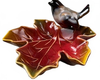 Vintage Ceramic Leaf Dish with Bird Figurine