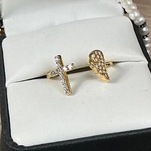 14K Clad 925 Diamonique Cuff Ring Cross & Angel Wing Italy Designer Jacmel JCM image 1