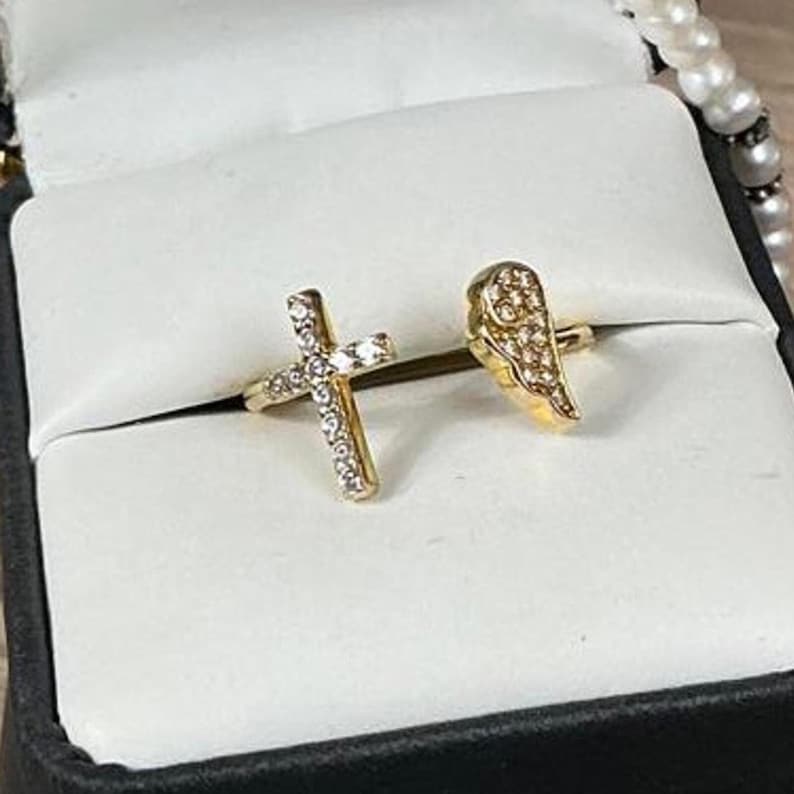 14K Clad 925 Diamonique Cuff Ring Cross & Angel Wing Italy Designer Jacmel JCM image 1