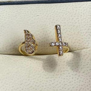 14K Clad 925 Diamonique Cuff Ring Cross & Angel Wing Italy Designer Jacmel JCM image 8