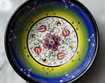 Bol turc vintage signé bleu vert rouge blanc peint à la main fabriqué en Turquie