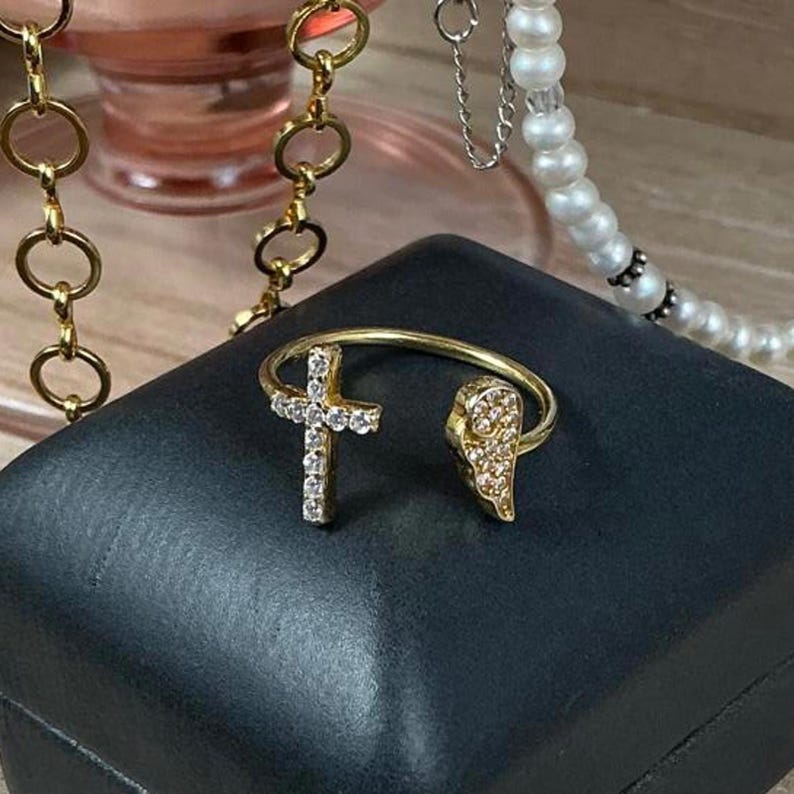 14K Clad 925 Diamonique Cuff Ring Cross & Angel Wing Italy Designer Jacmel JCM image 6
