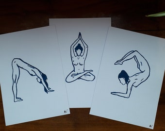 Yellow On A4 Or A5 Kraft Card Yoga Poses Hand Painted Original Minimalist Artworks Life Drawing Three Poses To Choose From