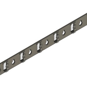 K&ouml;nnte beinhalten: Ein Metallstreifen mit sechs Haken, jeder mit einem kleinen Loch oben. Der Streifen ist hellbraun und die Haken sind dunkelbraun.