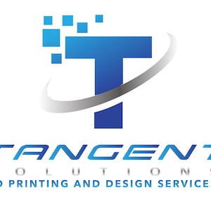 K&ouml;nnte beinhalten: Ein blaues und graues Logo f&uuml;r Tangent Solutions, ein Unternehmen, das 3D-Druck- und Design-Dienstleistungen anbietet. Das Logo zeigt einen stilisierten Buchstaben "T" mit einer geschwungenen Linie darum und einem Pixel-Design.