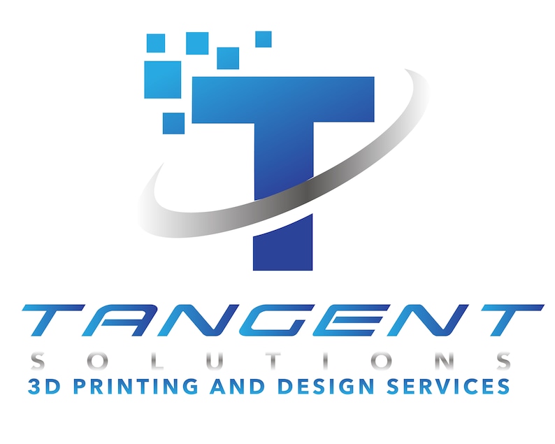 K&ouml;nnte beinhalten: Ein blaues und graues Logo f&uuml;r Tangent Solutions, ein Unternehmen, das 3D-Druck- und Design-Dienstleistungen anbietet. Das Logo zeigt einen stilisierten Buchstaben "T" mit einer geschwungenen Linie darum und einem Pixel-Design.