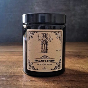 Incantations • Alchemy & Apothecary Candle, Wooden Wick, Scented Vegan Candle, Home Decor Gift, Handmade Candle, Soy Candle, Amber Jar