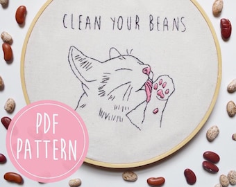 Cat Embroidery Pattern / Beginner Embroidery Pattern / funny cat embroidery PDF / DIY embroidery / clean your beans