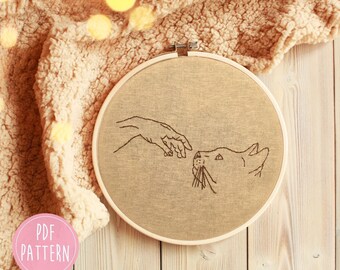 Funny Cat Embroidery Pattern / The creation of Adam / Michelangelo Embroidery / Beginner Embroidery PDF / Beginner Cat embroidery download