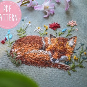 Fox Embroidery Pattern / Beginner Embroidery PDF / Instant Digital Download / Sleeping Fox Pattern / Cute Woodland Embroidery