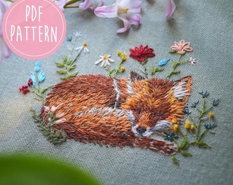 Fox Embroidery Pattern / Beginner Embroidery PDF / Instant Digital Download / Sleeping Fox Pattern / Cute Woodland Embroidery