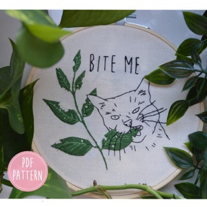 Cat Embroidery Pattern / Beginner Plant Embroidery Pattern / funny cat embroidery PDF / DIY embroidery / Bite Me