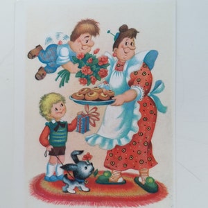 ¡Felicidades! Postal sin usar, ilustración de Firsanova, postal vintage soviética, Moscú, 1987. Con la imagen de Karlson