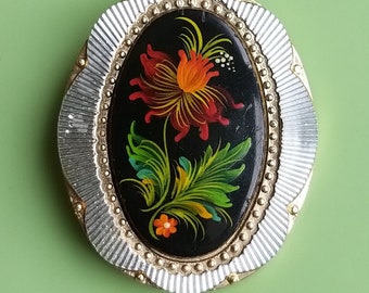 Vintage brooch with floral handmade painting. Old golden Brooch with floral ornament. Retro Style Painted Brooch