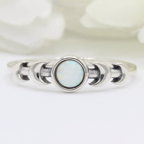 5.2mm Moon Phases Lab White Opal Celtic Moon Phases Wedding Bridal Engagement Moon Shape Ring Solid 925 Sterling Silver