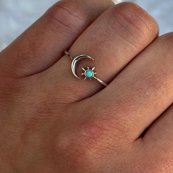 Mond und Stern Ring mit Türkis Himmelskörper Schmuck, zierlicher Mond-Stern-Ring, oxidiertes Silber Boho Band 8,2 mm