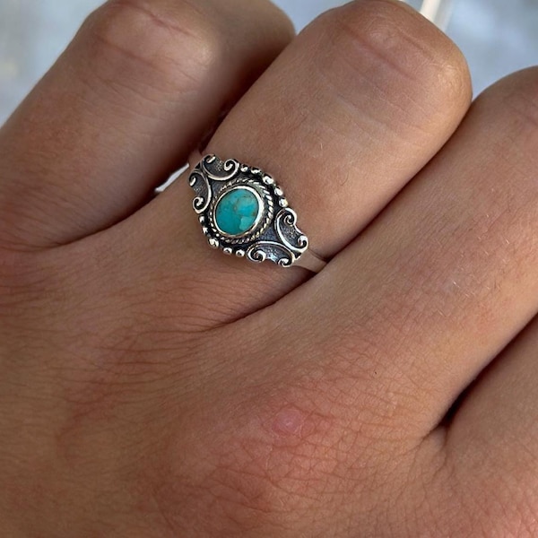 Vintage Style Scroll Band Ring | Turquoise Oval Shape Stone | Gift for Her Solid 925 Sterling Silver 9.8 mm