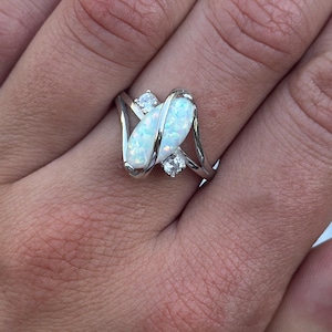 Art Deco Lab Opal Ring: Marquise Sterling Silver CZ Engagement Band