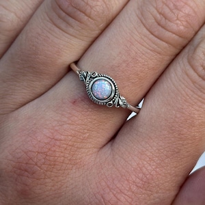Oxidized Sterling Silver Lab Opal Ring: Bali Feather Design