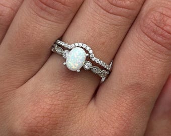 Art Deco Lab Opal Engagement Ring Set, Sterling Silver Wedding Jewelry