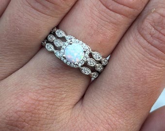 Art Deco Lab Opal Engagement Ring Set, Sterling Silver
