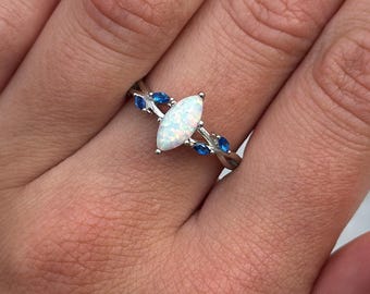 Vintage Art Deco Marquise Lab White Opal with Simulated Blue Sapphire Leaf Design Wedding Engagement Bridal Ring CZ Band 925 Sterling Silver