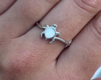 Sterling Silver Turtle Ring: 10mm Lab White Opal, Trendy Summer Jewelry