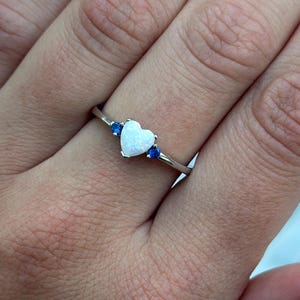 Sterling Silver Heart Ring: Simulated Opal & Blue Sapphire, Art Deco Promise Ring