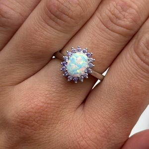 Art Deco Opal Halo Ring: Simulated Amethyst, Sterling Silver Engagement
