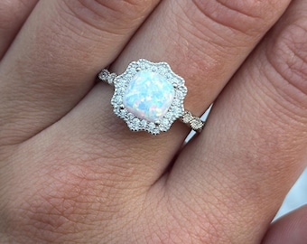 Art Deco Princess Cut Lab Opal Ring: Sterling Silver CZ Halo
