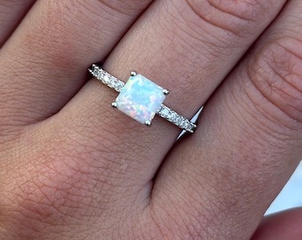 Art Deco Princess Cut Lab Opal Ring, Sterling Silver CZ Accent