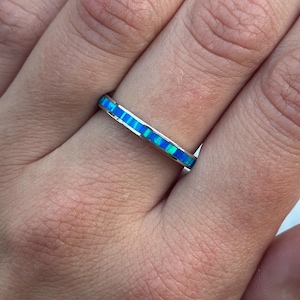 Sterling Silver Full Eternity Band: Lab Blue Opal Promise Ring
