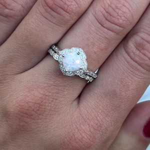Art Deco Cushion Cut Lab Opal Ring: Sterling Silver Wedding Set