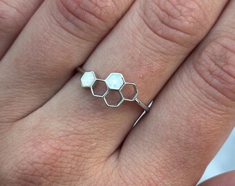 Honeycomb Lab Opal Ring: Geometric Bee Hive, 925 Sterling Silver