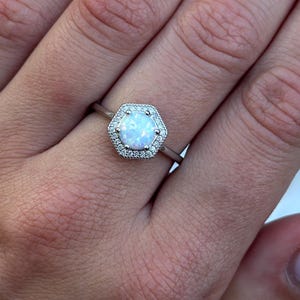 Hexagon Lab Opal Engagement Ring: Art Deco Halo, Sterling Silver