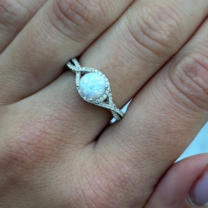 Halo Lab White Opal Ring, Double Infinity Band, Sterling Silver