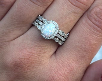 Art Deco Lab White Opal Engagement Ring Set: Sterling Silver CZ Halo