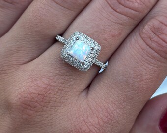 Art Deco Halo Sterling Silver Ring: Princess Cut Lab Opal, CZ Diamond