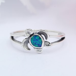 10mm Lab Created White Opal or Lab Created Blue Opal Sea Turtle Ring Trendy Summer Ring Solid 925 Sterling Silver Choose your Stone Color