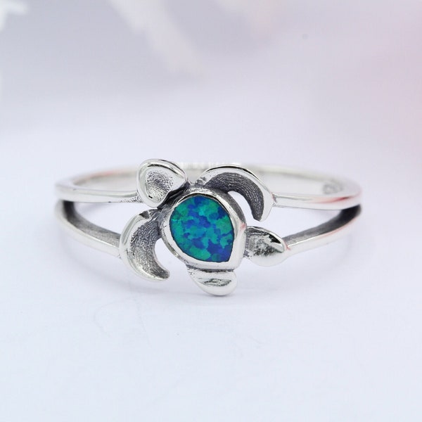 10mm Lab Créé Opale Blanche ou Lab Créé Bleu Opale Tortue De Mer Bague Tendance Bague d’Été Solide 925 Argent Sterling Choisissez votre Couleur Pierre