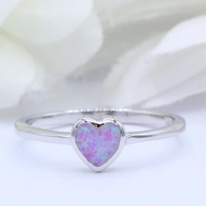 Solitaire Lab Pink Opal Heart Promise Ring Valentines Day Gift Art Deco Ring Solid 925 Sterling Silver Choose Your Band Color