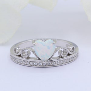 Crowned Heart CZ  Lab White Opal Crown Art Deco Wedding Bridal Engagement Promise Ring Solid 925 Sterling Silver Choose your Band Color
