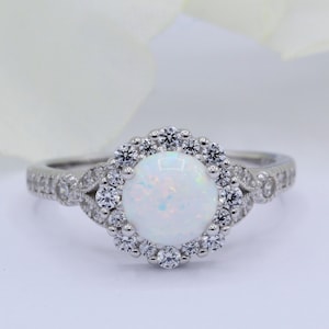 Halo Floral Round Lab White Opal CZ Art Deco Vintage Wedding Engagement Ring Round CZ Semi Mount Solid 925 Sterling Silver Choose Band Color
