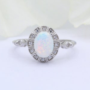 Halo Lab White Opal Wedding Engagement Bridal Ring Vintage Art Deco Oval Lab White Opal Halo Round Diamond CZ Accent 925 Sterling Silver
