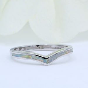 Chevron Sterling Silver Ring: Lab White Opal Midi V Ring