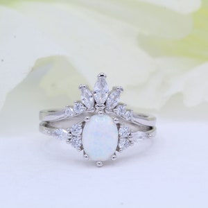 Two-Piece Bridal Set Oval Lab White Opal Marquise Accent Band Art Deco Wedding Engagement Ring Set CZ Solid 925 Sterling Silver Choose Band