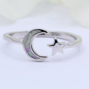 6mm Crescent Moon and Star Lab White Opal Zodiac Sign Art Deco Promise Ring Solid 925 Sterling Silver Lab Black Opal Half Moon Choose Stone