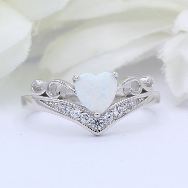 Crowned Heart Midi CZ  Lab White Opal Crown Art Deco Wedding Bridal Engagement Promise Ring Solid 925 Sterling Silver Choose your Band Color